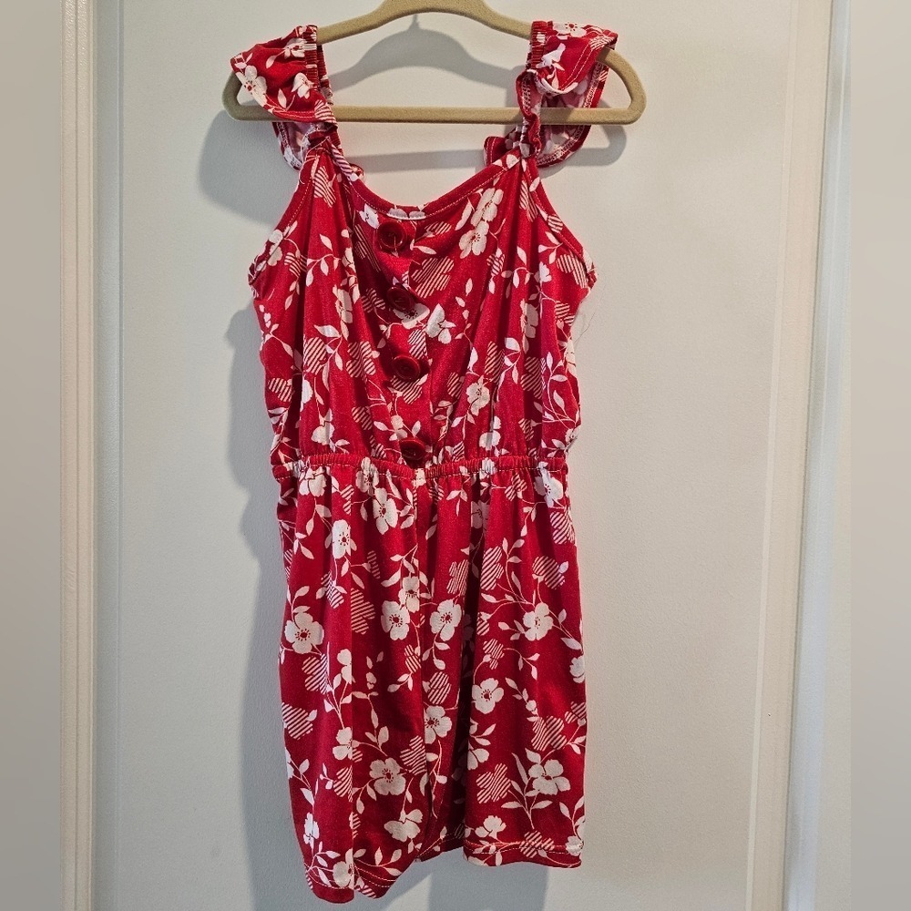 Kids sz7 Red Floral Ruffle Strap Romper Summer Spring‎ Patriotic Easter Feminine